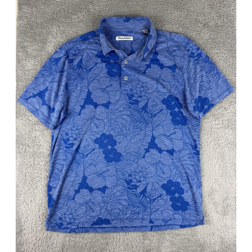 Tommy Bahama Blue Floral Polo Shirt Men’s Large Tencel Modal Tropical Hawaiian